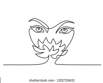 Continuous one line drawing. Abstract portrait closeup of pretty young woman smelling flower. Vector illustration