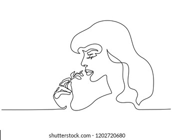 Continuous one line drawing. Abstract portrait closeup of pretty young woman smelling plant. Vector illustration