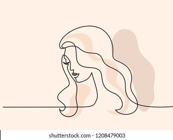 Continuous one line drawing. Abstract portrait of pretty young woman with beautiful hair. Vector soft color illustration