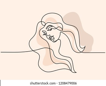 Continuous one line drawing. Abstract portrait of pretty young woman with beautiful hair. Vector soft color illustration