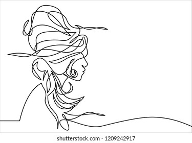 Continuous one line drawing. Abstract portrait of romantic woman face. Vector illustration.