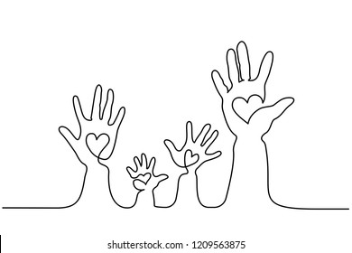 Continuous one line drawing. Abstract family hands holding hearts. Vector illustration