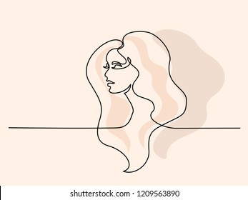 Continuous one line drawing. Abstract portrait of pretty young woman with beautiful hair. Vector soft color illustration Continuous one line drawing. Abstract portrait of pretty young woman with beautiful hair. Vector soft color illustration