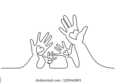 Continuous one line drawing  Abstract family hands holding hearts  Vector illustration