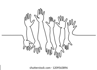 Continuous One Line Drawing. Abstract Hands Up. Vector Illustration