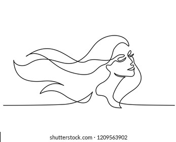 Continuous one line drawing. Abstract portrait of pretty young woman with beautiful hair. Vector illustration