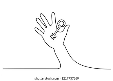 Continuous one line drawing. Abstract hand holding key. Vector illustration
