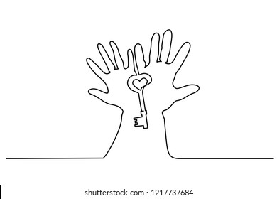 Continuous one line drawing. Abstract hands holding key. Vector illustration