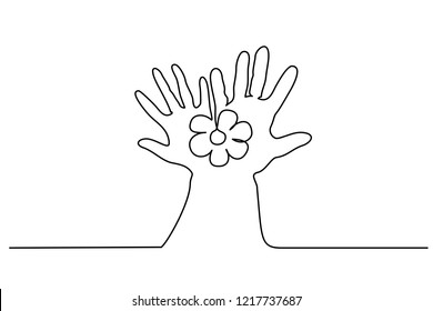 Continuous one line drawing. Abstract hands holding flower. Vector illustration