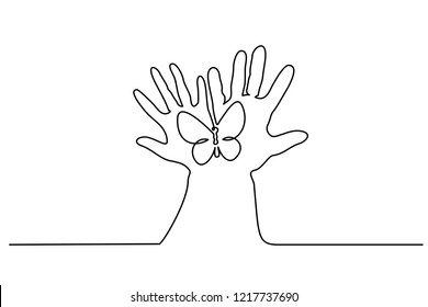 Continuous one line drawing. Abstract hands holding butterfly. Vector illustration