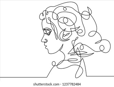 Continuous one line drawing. Abstract portrait of romantic woman face. Vector illustration.