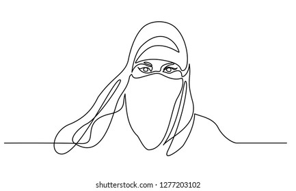 Continuous one line drawing. Abstract portrait of pretty young woman Arab nationality. Vector illustration
