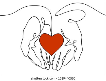 Continuous one line drawing. Abstract hands and man holding heart. Vector illustration 