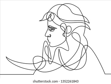 Continuous one line drawing. Abstract portrait of romantic woman face. Vector illustration.