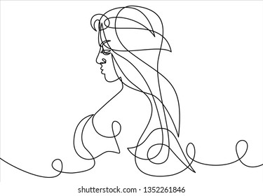 Continuous one line drawing. Abstract portrait of romantic woman face. Vector illustration.