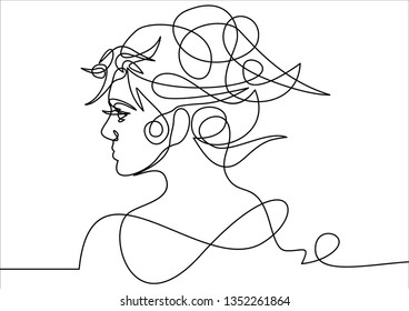 Continuous one line drawing. Abstract portrait of romantic woman face. Vector illustration.