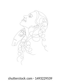 Continuous one line drawing. Abstract portrait of pretty young woman with beautiful hair. Vector soft black and white illustration