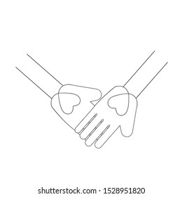 Continuous one line drawing. Abstract hands woman and man holding heart. Vector illustration