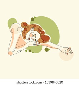 Continuous one line drawing. Abstract portrait of pretty young woman with beautiful hair, lying on the floor. Vector soft illustration with color spots