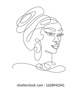 Continuous one line drawing. Abstract portrait of young African woman in minimalistic modern style