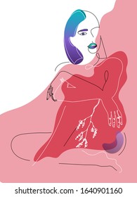 Continuous one line drawing. Abstract portrait of pretty young woman with beautiful hair, lying on the floor. Vector soft illustration with color spots