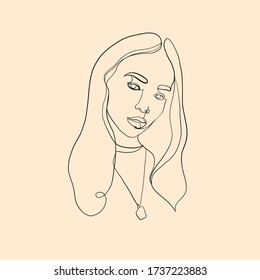 Continuous one line drawing abstract portrait of beautiful woman with long hair. Simple design. Vector illustration. 