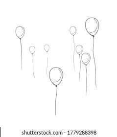 Continuous one line drawing. Abstract air balloons. Vector illustration. Air balloons. One line drawing of isolated vector object by hand on a white background. One line drawing balloons sketch.