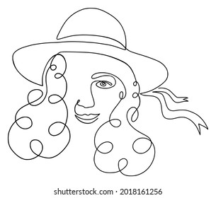 Continuous one line drawing of abstract female face in hat for minimalism concept. Contour face line art design for t-shirt fashion print, logo, emblem, template. Single line draw vector illustration