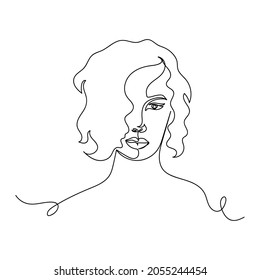 Continuous One Line Drawing Of Abstract Beautiful Curly Hair Girl Woman In Silhouette On A White Background. Linear Stylized.