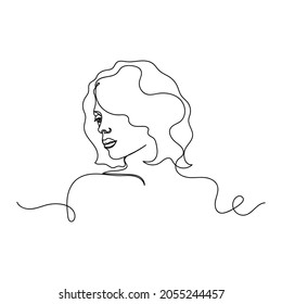 Dibujo continuo de una línea de la cara abstracta de una mujer con el pelo corto de pob en silueta sobre un fondo blanco. Linear estilizado.