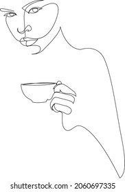 Continuous one line drawing. Abstract portrait closeup of pretty young woman with a tea or coffee cup. Vector illustration.