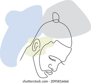 Continuous one line drawing. Abstract colour portrait avatar of young a black guy of African appearance in minimalistic modern style. Beauty image, men's hairstyle, a bundle of hair for barbershop