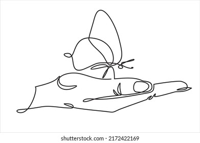 Continuous one line drawing. Abstract hand holding butterfly. Vector illustration