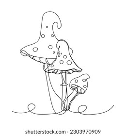 Continuous one line drawing of abstract mushrooms, toadstool, fly agaric. Simple vector illustration