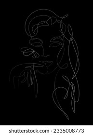 Kontinuierliche Zeichnung einer Linie. Abstraktes Porträt junger Frauen, die eine Blume im minimalistischen modernen Stil halten