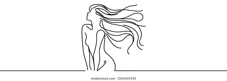 Continuous one line drawing. Abstract portrait of pretty young woman with beautiful hair. Vector illustration.