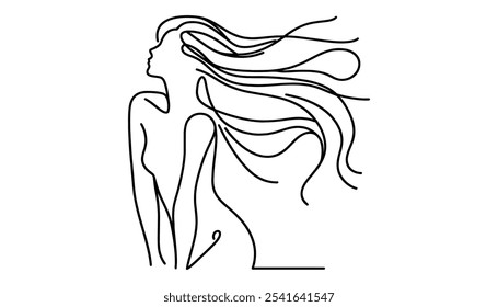 Desenho contínuo de uma linha. Retrato abstrato de mulher jovem bonita com cabelo bonito. Ilustração vetorial.