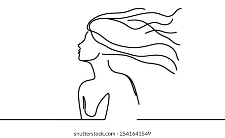 Continuous one line drawing. Abstract portrait of pretty young woman with beautiful hair. Vector illustration.