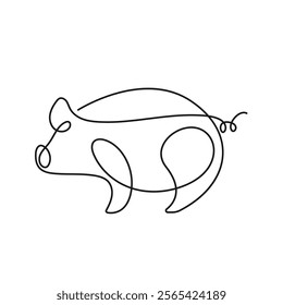 Continuous One Line Drawing of Abstract Pig. Piggy Linear Style for Minimalist Design. Editable Stroke. Pig Doodle Black on White Vector Illustration. Not AI