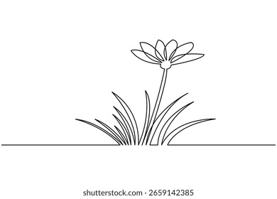 Endlose einzeilige Zeichnung von abstrakter Wiese mit Gras und Kamillenblume auf weißem Hintergrund
