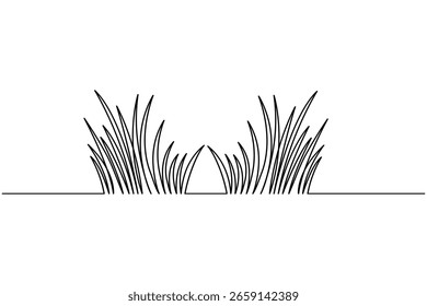 Endlose einzeilige Zeichnung von abstrakter Wiese mit Gras und Kamillenblume auf weißem Hintergrund