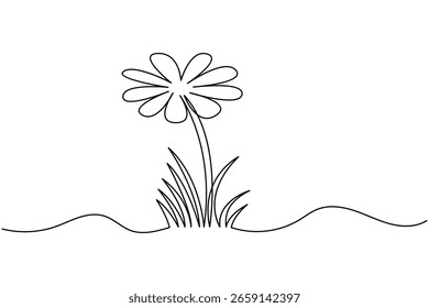 Endlose einzeilige Zeichnung von abstrakter Wiese mit Gras und Kamillenblume auf weißem Hintergrund