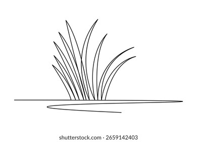 Endlose einzeilige Zeichnung von abstrakter Wiese mit Gras und Kamillenblume auf weißem Hintergrund