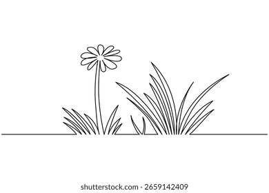 Desenho contínuo de uma linha de prado abstrato com grama e flor de camomila no fundo branco