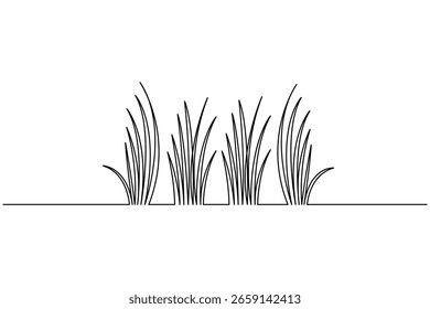 Endlose einzeilige Zeichnung von abstrakter Wiese mit Gras und Kamillenblume auf weißem Hintergrund