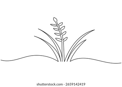 Continuous one line drawing of abstract meadow with grass and chamomile flower on white background