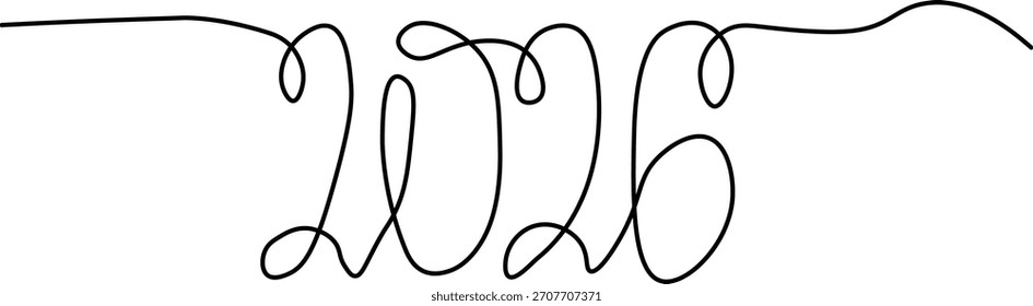 Continuous One Line Drawing: Abstract 2026. Seamless Black Minimalist Vector Art for New Year and Future.