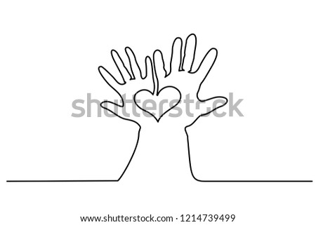 Continuous one line drawing. Abstract hands woman and man holding heart. Vector illustration