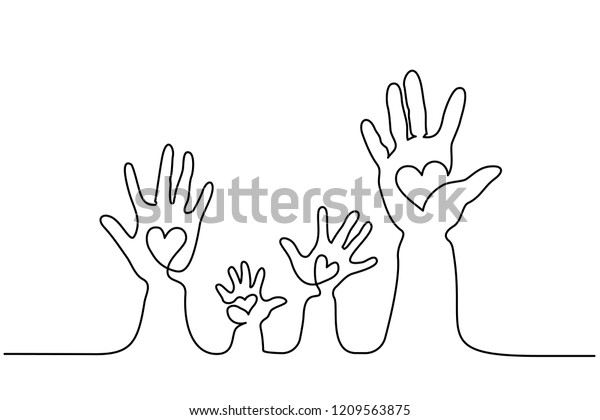 Continuous one line drawing. Abstract family\
hands holding hearts. Vector\
illustration