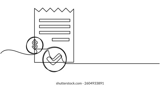 Continuous One Line Drawing Accounting Icons Concept. Single Line Vector Illustration. Finance, Money, Accountant, Analyzing, bill icon for payment transaction with notice continuous one line drawing.